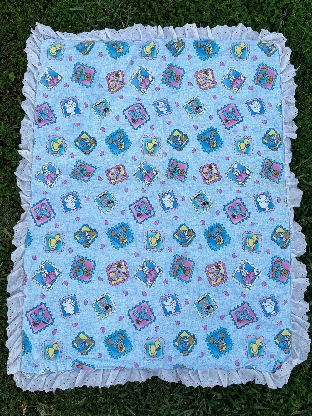 VTG Horse Teddy Bear Animal Friends Puffy Baby Blanket Comforter Crib Bedding
